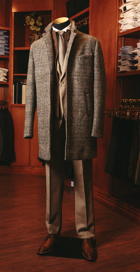 alt="Mens formal wear fashion for fall and winter of 2025. Long jacket over suit from Landmark Clothiers"