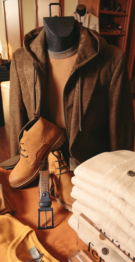 alt="Mens outer wear fashion for fall and winter of 2025. Hooded jacket and soft leather shoes from Landmark Clothiers"
